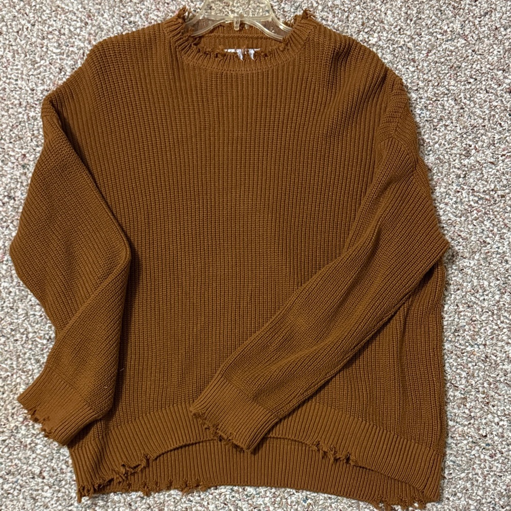 Cozy Brown Distressed Crew Neck Sweater